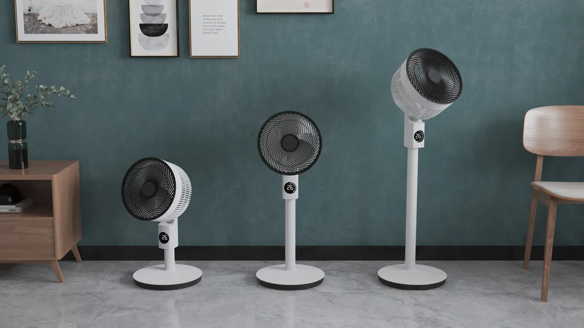 Three MeacoFan Sefte 10-inch fans side by side showing the table, mid-height and full pedestal heights